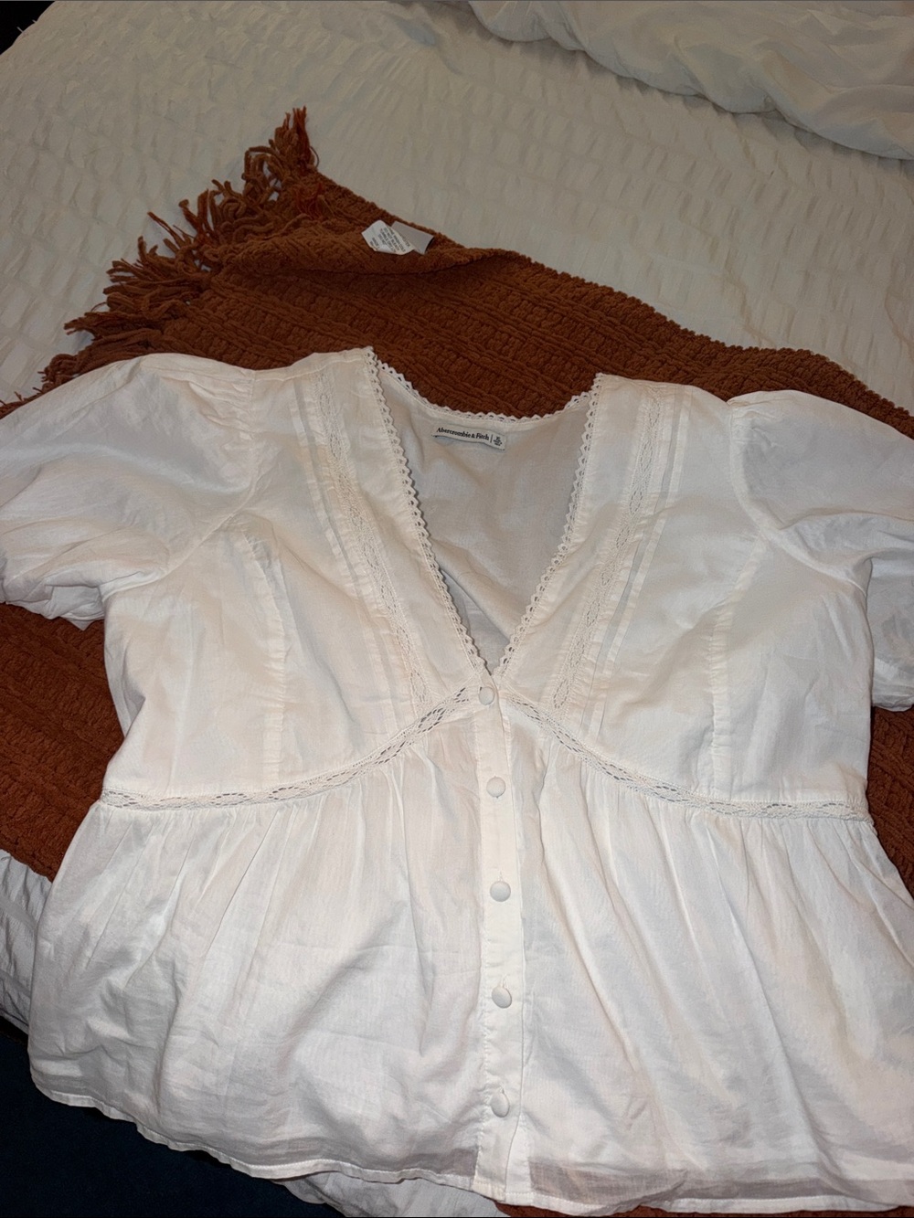 White Lace-Trim Button Front Blouse